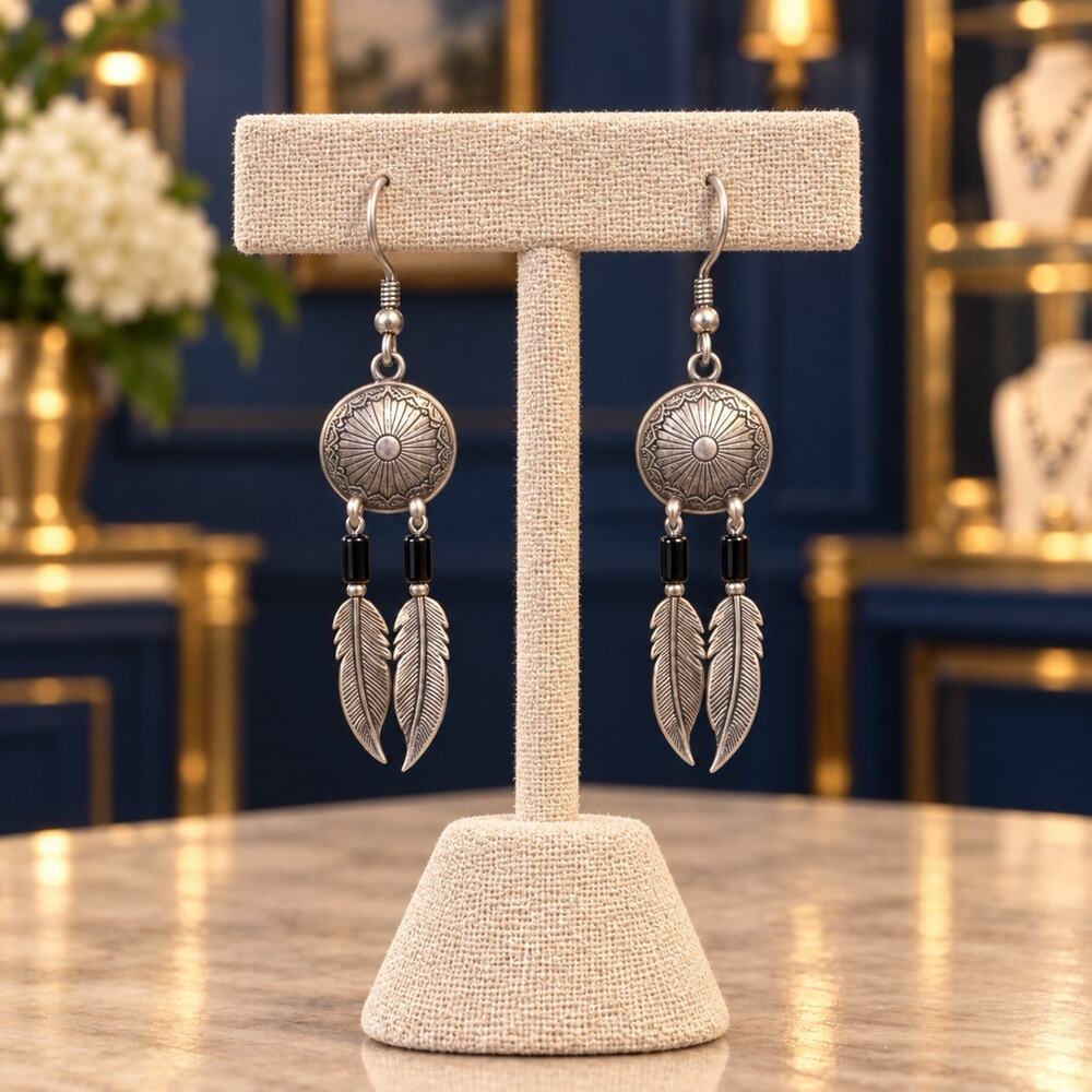 Sterling Silver Southwestern Concho Dream Catcher Dangle Earrings
